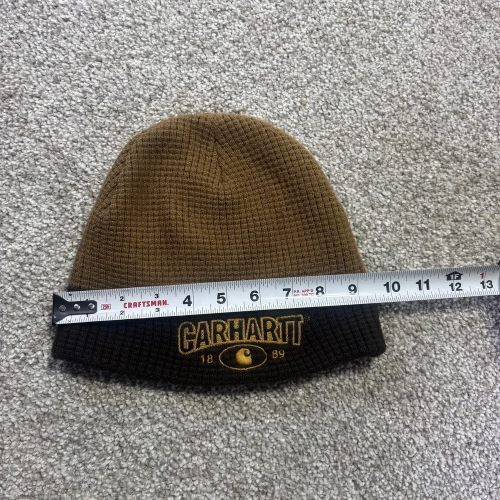 Y2K Carhartt Skull Beanie Mens One‎ Size Brown Knit Logo Stretch Winter Workwear